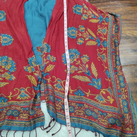 Colleen Lopez Boho Lagenlook Woven Reversible Ruana Fringe Cardigan Shawl XL - Picture 12 of 13